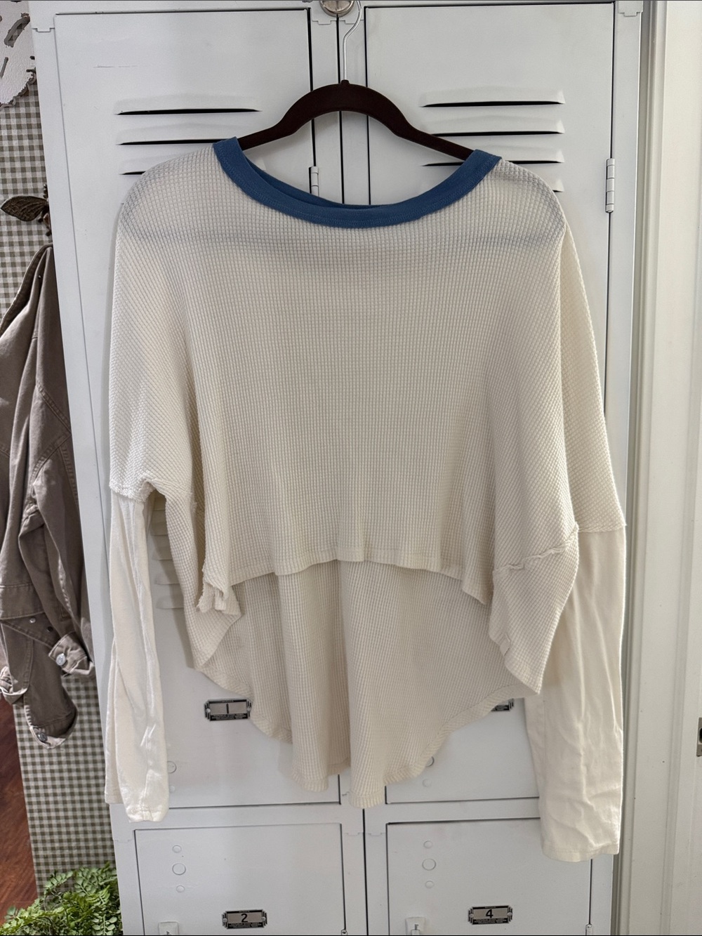 Free People Cream Waffle-Knit Layered Pullover with Blue Trim